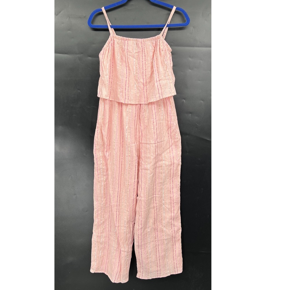 Crewcuts pink Girls' Shimmer metallic Striped Jumpsuit ruffle wide leg 14